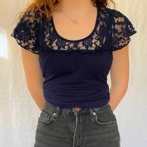 Vintage Suzie long and flowy navy blue shirt with floral lace detailing